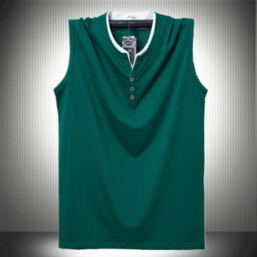 男士雙層領背心痞帥風寬松純棉大碼砍肩無袖T恤假兩件領肥佬體恤