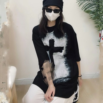 美式復古高街十字架短袖女ins潮牌設計感小眾寬松情侶裝T恤上衣