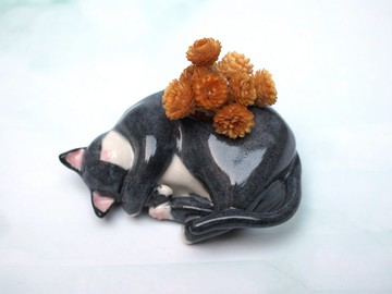 賓士貓　瓷偶　花器　擺飾