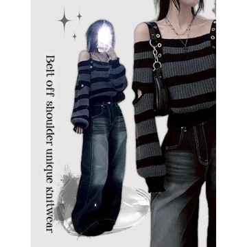 Codibook｜韓國 ccomeng 條紋露肩針織衫［預購］針織衫 毛衣 女裝