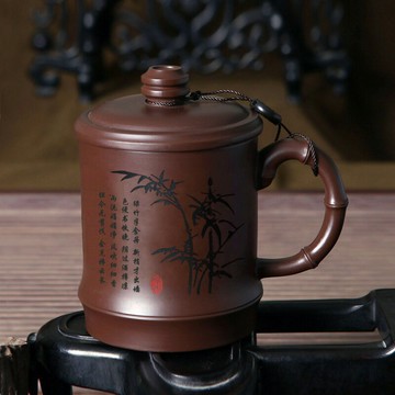 宜興紫砂杯子辦公室泡茶茶杯定制刻字簡約帶蓋蓋杯朱泥430ml盒裝