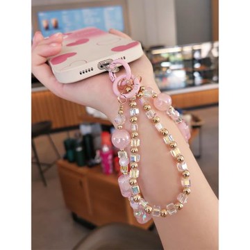 手機掛繩短款手工串珠手腕掛鏈水晶珠子ins風電鍍掛飾網紅同款吊墜手機殼防丟吊繩女款夾片式雙鏈