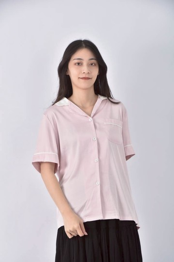 (L) victoria緞面翻領粉色短袖上衣