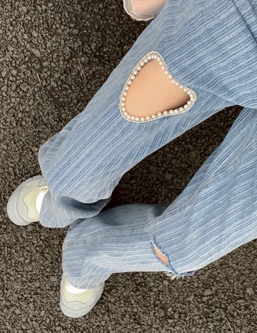 夏季新款破洞愛心牛仔褲女高腰開叉寬松直筒闊腿長褲辣妹垂感褲子