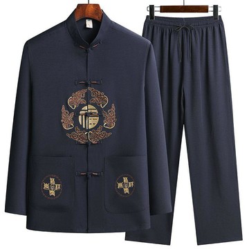 摩登秀🔥中老年唐裝男套裝 春秋夏長袖太極服漢服 爸爸裝 新中式中國風立領休閒套裝 爺爺裝 中老年唐裝男長袖套裝爸爸裝中