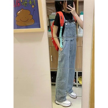 酷鹽系奶甜復古寬松減齡直筒大口袋背帶褲女洋氣時尚闊腿連體褲潮