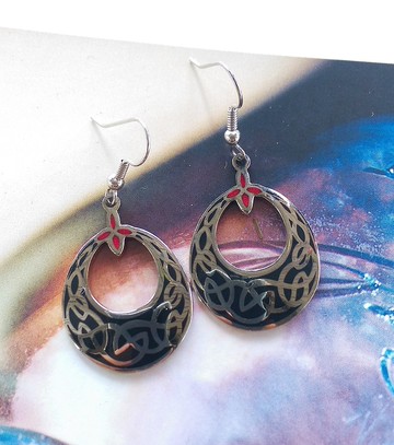 Vintage Jewelry 景泰藍 凱爾特繩結 環圈款 黑底 耳勾 針式耳環