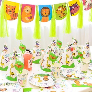 生日甜品臺裝飾一次性 兒童周歲派對布置 動物主題餐具套裝紙杯