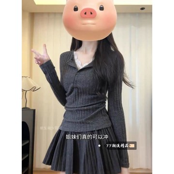 蕾絲拼接長袖V領T恤女設計感假兩件辣妹上衣