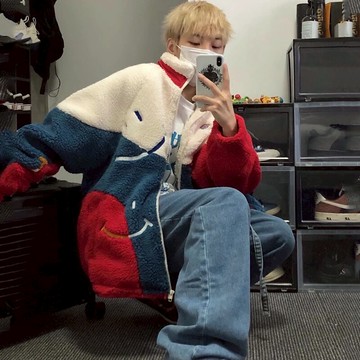 復古拼接微笑羊羔毛外套2021秋冬韓版新款炸街高級范百搭厚上衣女