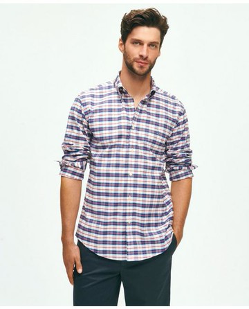Brooks Brothers Men's Stretch Non-Iron Oxford Polo Button-Down Collar, Checked Shirt | Navy | Size Large
