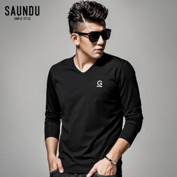秋裝長袖t恤男莫代爾修身V領打底衫簡約秋季衣服體恤黑色小衫秋衣