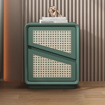 公司貨 免運 超低價 皮質實木藤編床頭櫃創意簡約奶油風田園風北歐臥室綠色床邊櫃 快速發貨