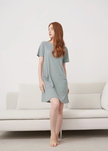 連身_Soft Clouds．吸濕排汗A-Line短袖口袋睡衣(鐵灰綠)