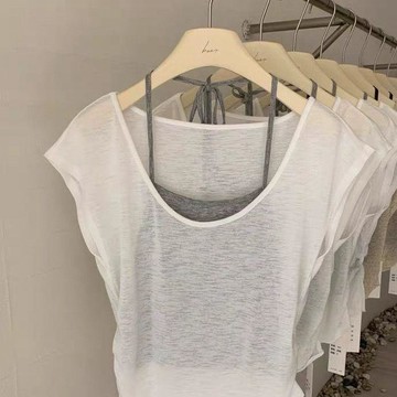 【氣質大U領】Glove 短袖T恤女 掛脖吊帶背心 修身顯瘦 收腰通勤 輕薄上衣 假兩件 上衣 短袖上衣 背心 背心上衣