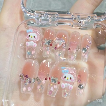 ✨Hannah✨美樂蒂純手工卡通穿戴多巴胺新款亮片高級指甲成品美甲貼片純手工穿戴甲 4YHT