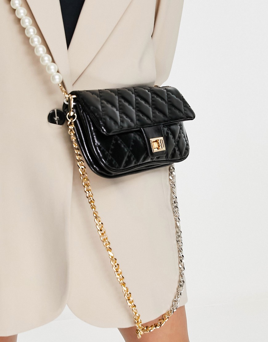 Ego quilted bag with pearl and chain strap in black