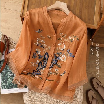 速賣 棉麻上衣女夏季新款刺繡開衫襯衣新中式國風拚接包扣襯衫  棉麻刺繡襯衫 刺繡襯衫 夏季女裝上衣 大尺碼襯衫 亞麻女裝