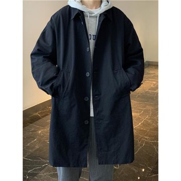 港風中長款風衣男款秋冬季復古休閑純色簡約寬松休閑過膝工裝外套