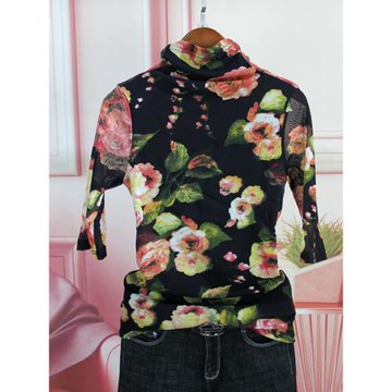 軟糯堆堆領打底衫女內搭高領洋氣印花蕾絲網紗上衣五分袖t恤薄款