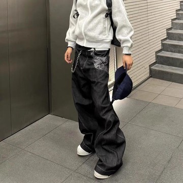 美式復古提花拼接彎刀牛仔褲男秋季街頭vibe寬鬆垂感闊腿拖地褲子  做舊彎刀牛仔褲 復古水洗牛仔褲