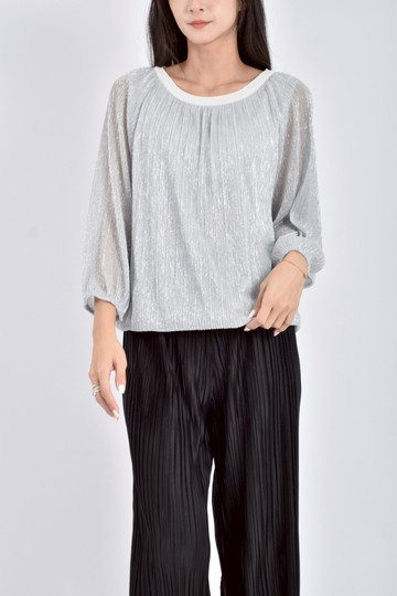 (S) top do銀蔥亮絲薄紗灰色長袖上衣