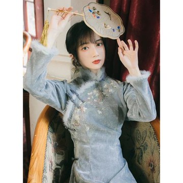 復古中式毛領改良連衣裙大碼年輕款氣質長裙女秋冬唐裝旗袍套裝裙