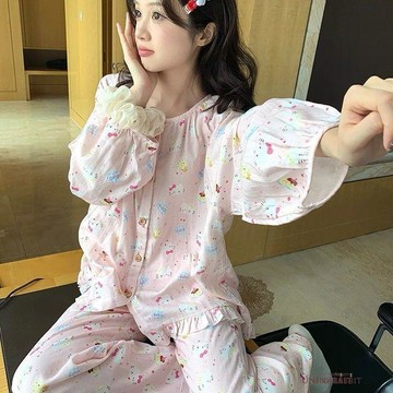 甜美可愛卡通貓咪印花睡衣女秋季圓領開衫寬鬆卷邊長袖家居服套裝休閒睡衣女生睡衣睡衣套裝女睡衣女套裝居家服套裝