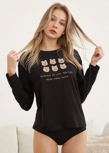 上衣_秋日晴空．落肩長袖居家罩杯睡衣(黑色-表情熊熊)