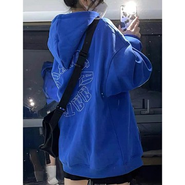 克萊因藍連帽衛衣女春秋寬松bf慵懶風oversize薄款外套長袖上衣服