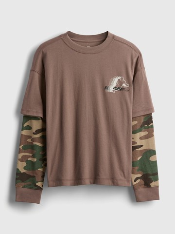 男童裝 Logo純棉印花假兩件圓領長袖上衣-棕色