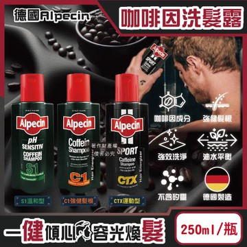 德國Alpecin-強健髮根控油無矽靈咖啡因洗髮凝露250ml/瓶(運動護髮洗髮精,男士調理頭皮洗髮液,0%矽靈保濕滋潤洗頭髮水,油性髮質洗髮乳)