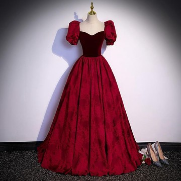 XS-3XL 法式酒紅色禮服 泡泡袖晚禮服 高級感 敬酒服 結婚禮裙 大尺碼洋裝 大尺碼禮裙 大裙擺禮裙