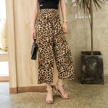 豹紋褲女士休閑闊腿褲夏季新款大碼氣質百搭松緊腰直筒褲潮