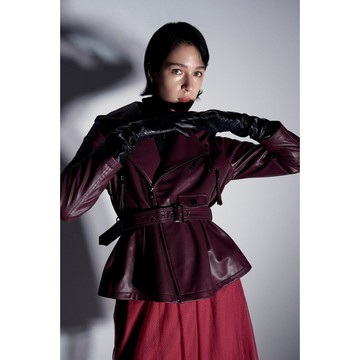 AVVJOY勃根地紅真皮皮衣柔軟羊皮經典酒紅色下擺波浪設計