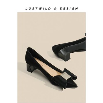LOSTWILD真皮黑色尖頭高跟鞋女2024新款通勤蝴蝶結淺口百搭單鞋秋