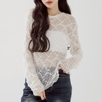 菱格紋蕾絲造型透膚上衣 兩色售