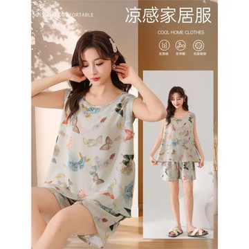 女寬松無袖家居服短褲兩件套棉綢