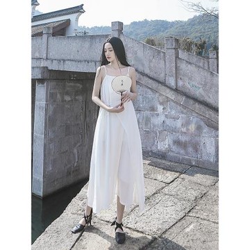 2025年春夏自制長裙暗黑山本風清冷感飄逸半片系繩吊帶裙連衣裙