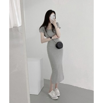 🇰🇷Korea韓國連線·正韓 方領側開叉連身洋裝 連身裙 長洋裝 短袖洋裝 方領洋裝 素面洋裝 韓國代購 東大門