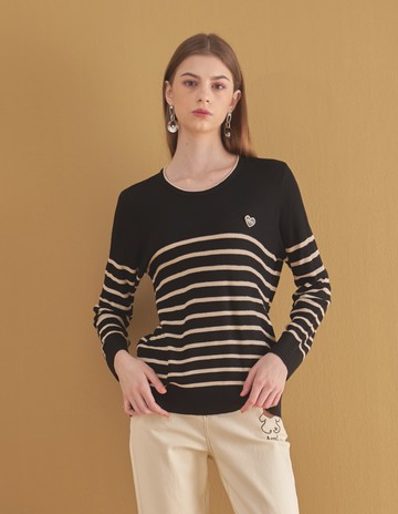 ★【喜芝梅】經典半件橫條紋愛心裝飾上衣(黑色；F) 223420811