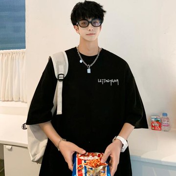 短袖T恤男士夏季高街寬松休閑純色大碼體恤日系簡約印花情侶半袖