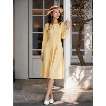 淡黃色溫柔風法式連衣裙春夏2586垂感百褶裙長袖日系霧霾藍通勤裙