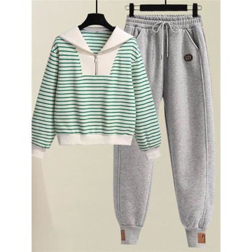 可鹽可甜運動套裝女春秋時尚洋氣海軍領條紋衛衣休閑衛褲兩件套潮