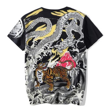 中國風潮牌霸氣龍虎斗刺繡T恤夏季男裝竹節純棉上衣紋身短袖衣服