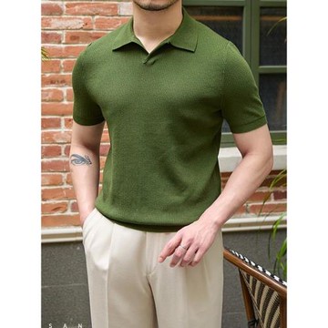 鹿三先生夏季修身透氣V領POLO衫針織衫復古休閑型男商務短袖t恤男