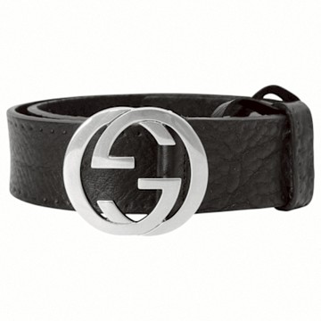 GUCCI-金屬銀雙G荔枝皮革寬版皮帶(黑色)80cm/32