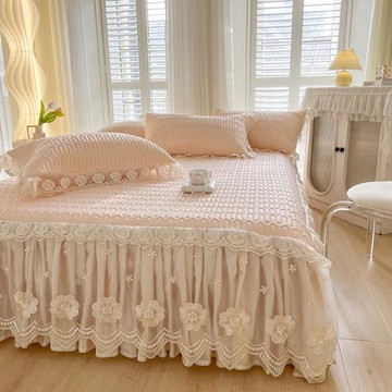 粉色奶油公主風冰絲乳膠涼席三件套床裙款家用空調軟席可水洗夏天