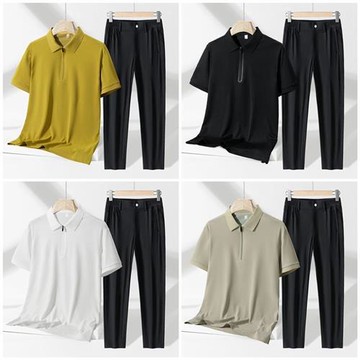 【米蘭精品】現貨+預購 男涼感POLO衫套裝短袖輕商務冰絲上衣T恤薄款速乾免燙休閒褲兩件套-男裝8色74lg93