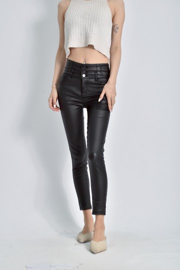 (XS（含）以下) 高腰質感棉質皮質內刷毛緊身黑色長褲